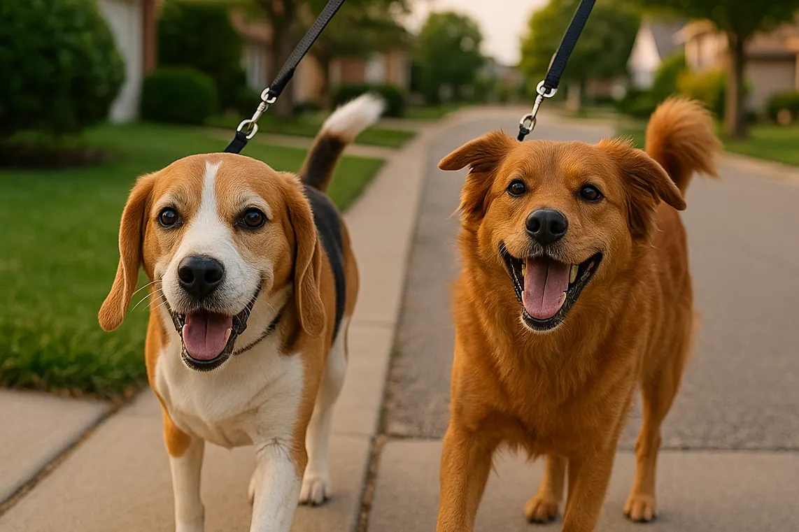 Beagle and golden retriever mix on leashes during a neighborhood walk